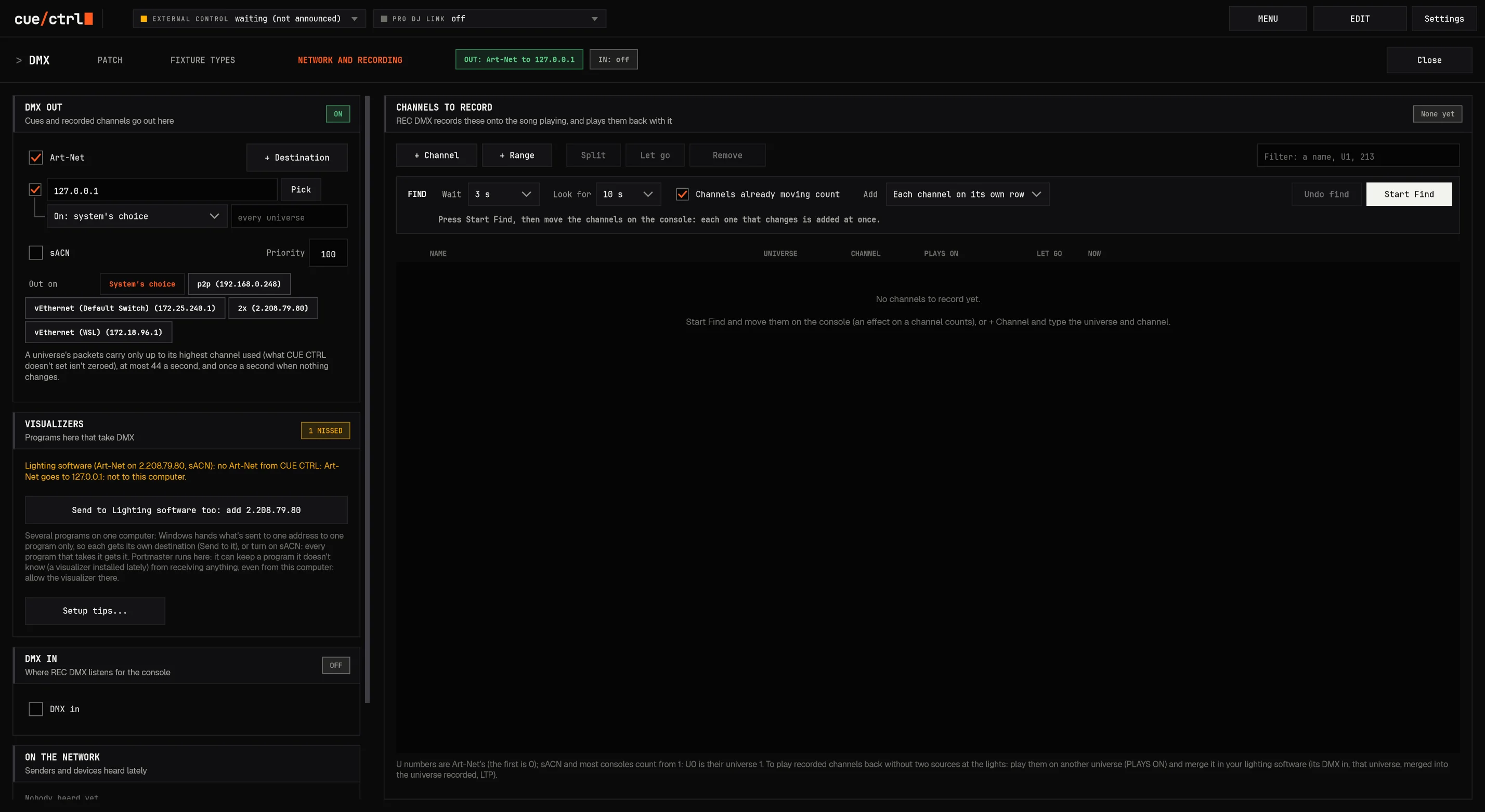 NETWORK AND RECORDING: DMX out, visualizers, DMX in and the channels REC DMX records
