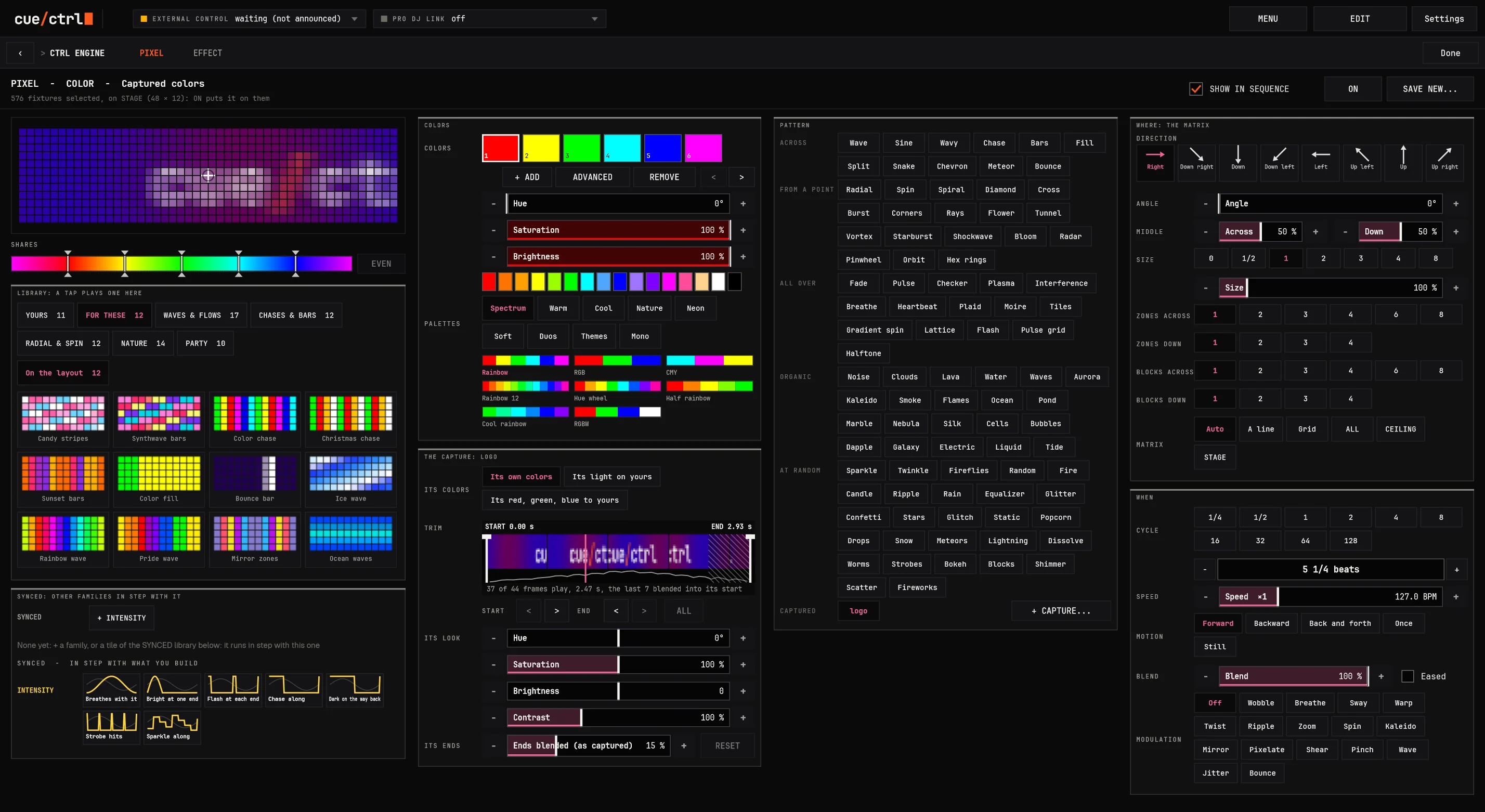CAPTURE: the cue/ctrl logo captured from a short video and playing on a 48 by 12 pixel ceiling