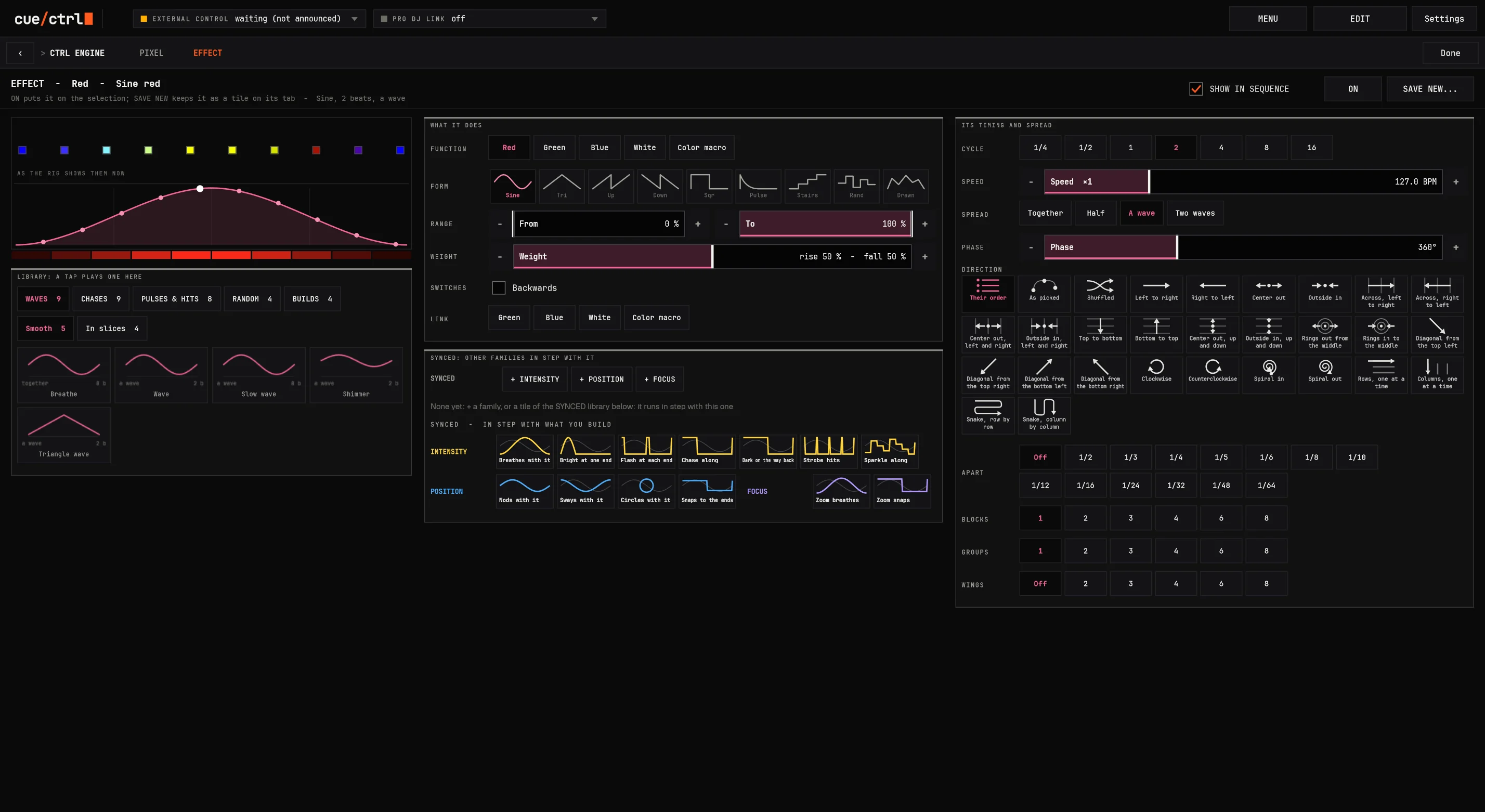 The EFFECT builder on Red: the fixtures, the wave, its timing and spread