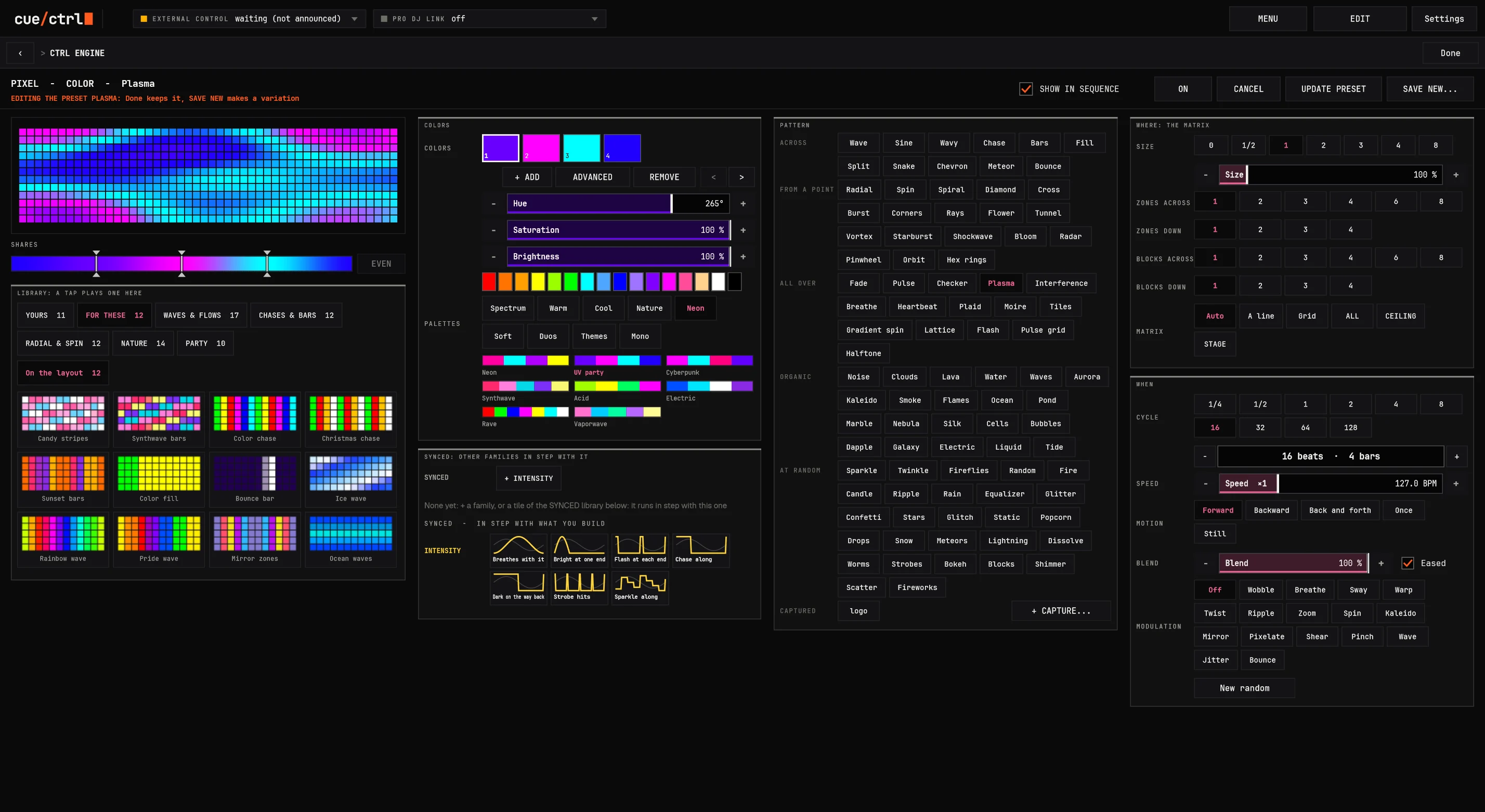 The PIXEL builder: plasma on a 576-pixel ceiling, its shades, palettes and pattern library
