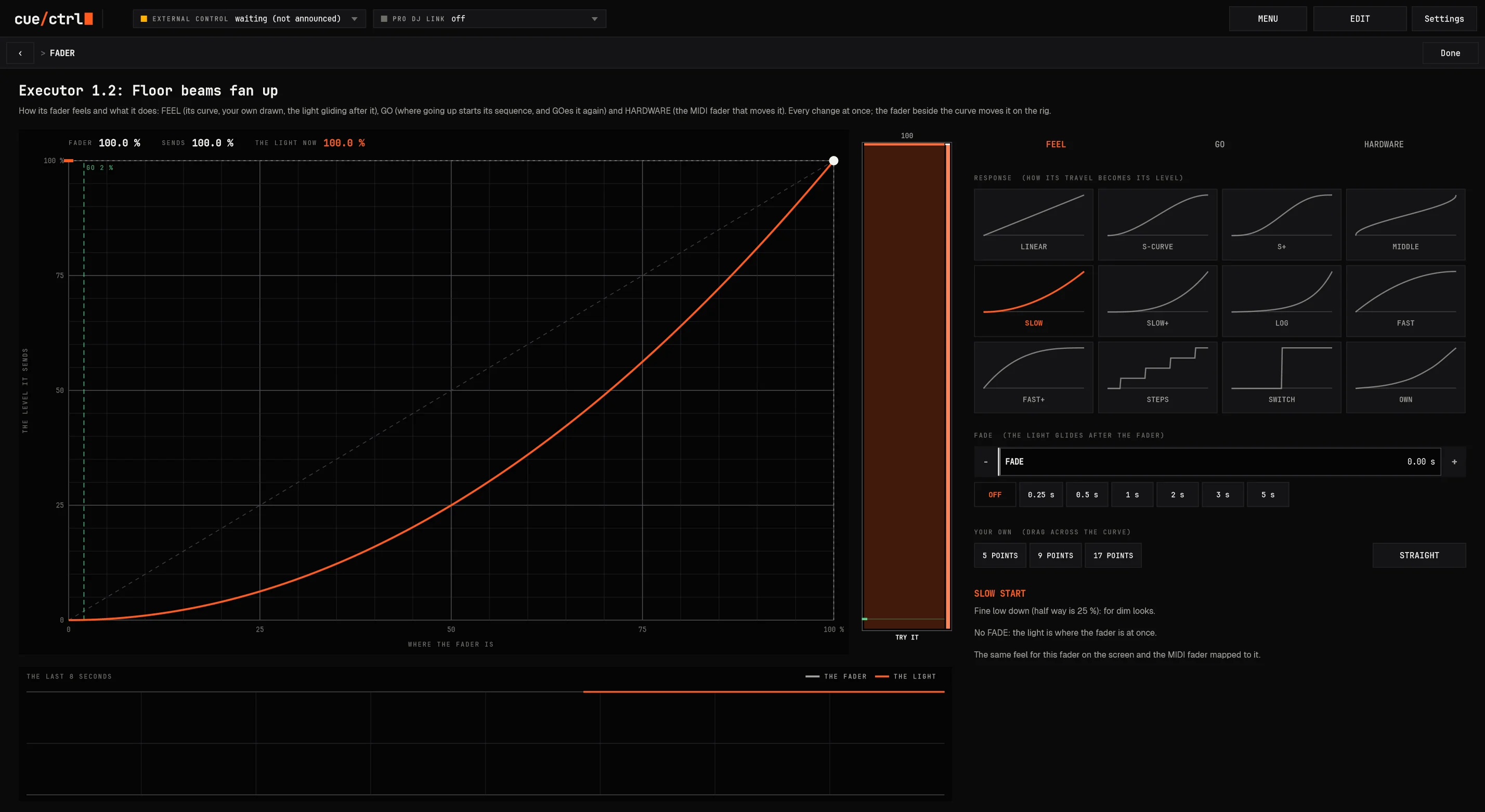 THE FADER PAGE: a slow-start curve, the fader beside it, the curves, its fade and GO AT