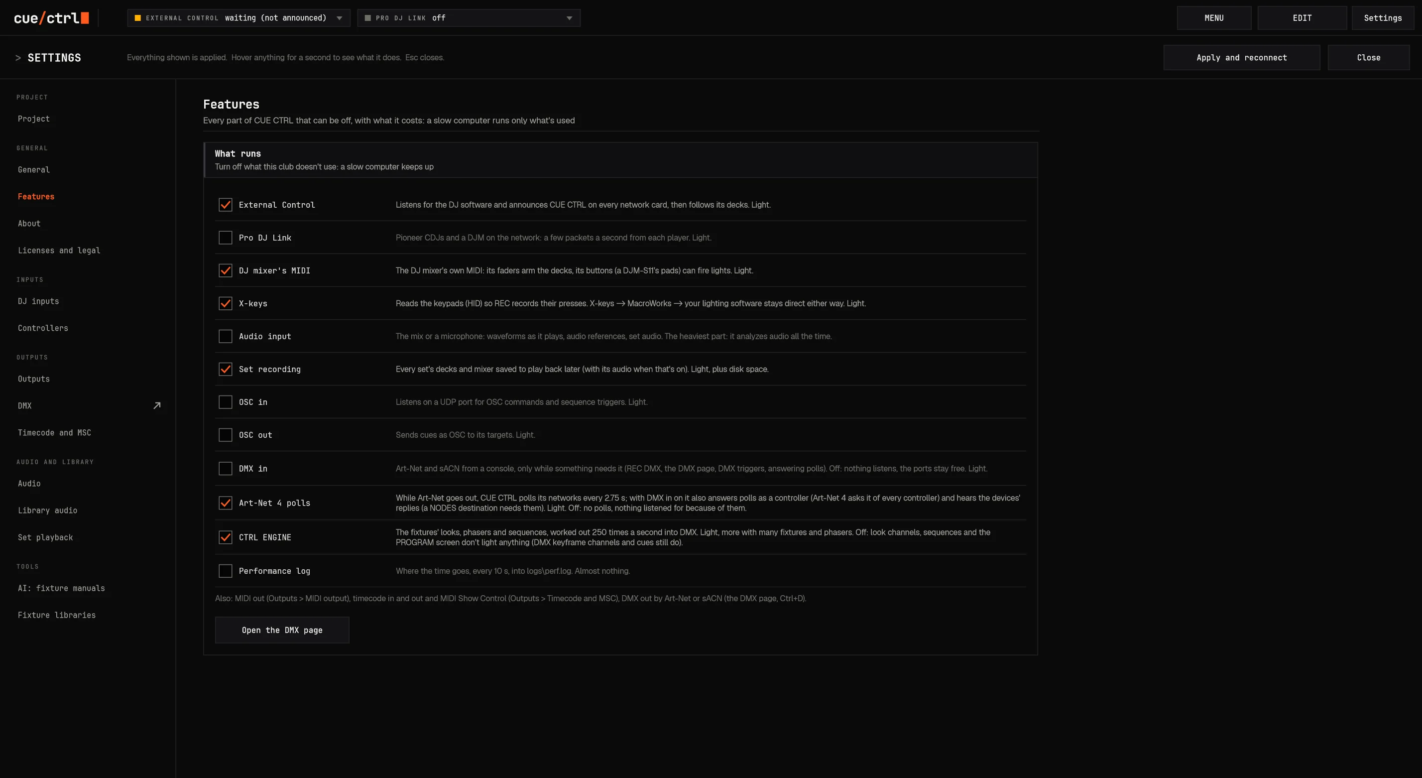 Settings: Features, each with what it costs