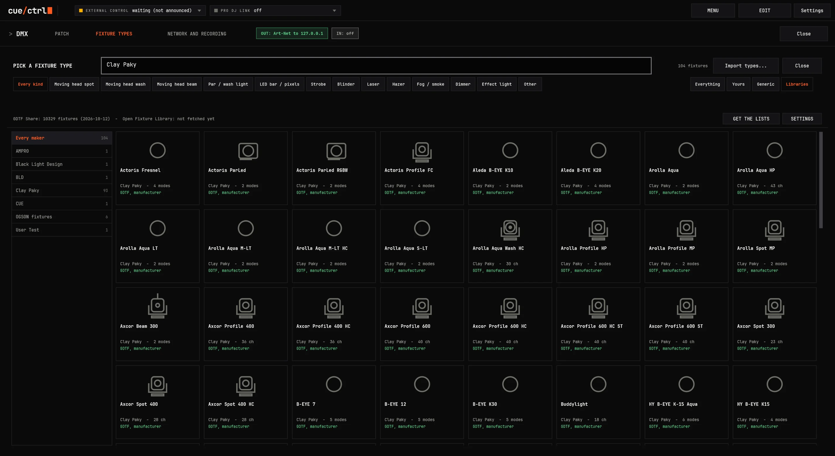 Picking a fixture type: a maker's fixtures from GDTF Share, searchable