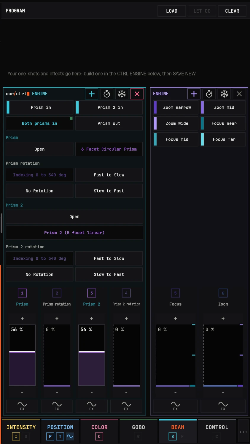 BEAM: Prism in, Prism 2 in, Both prisms in, each prism's ranges and faders