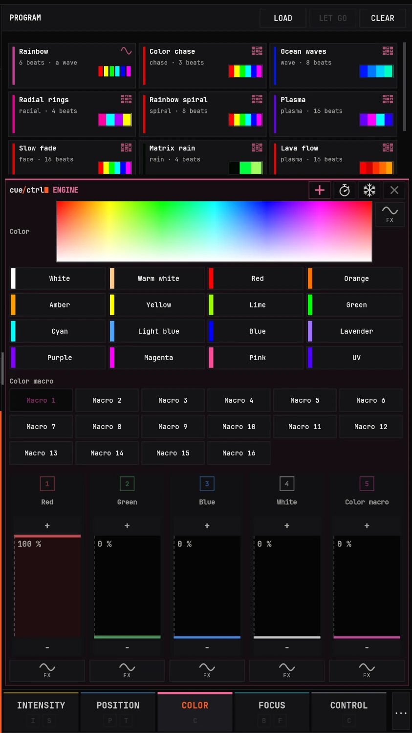 COLOR: the picker, presets in their colors, effects