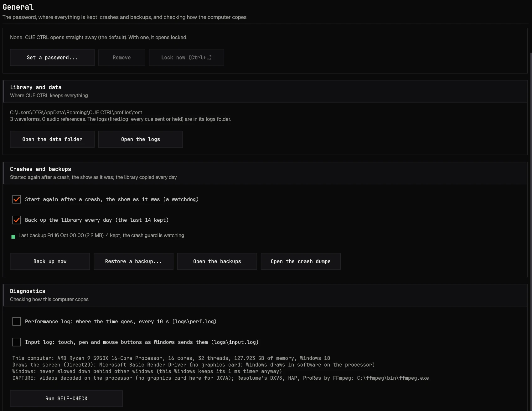 Settings: crashes and backups, diagnostics, self-check