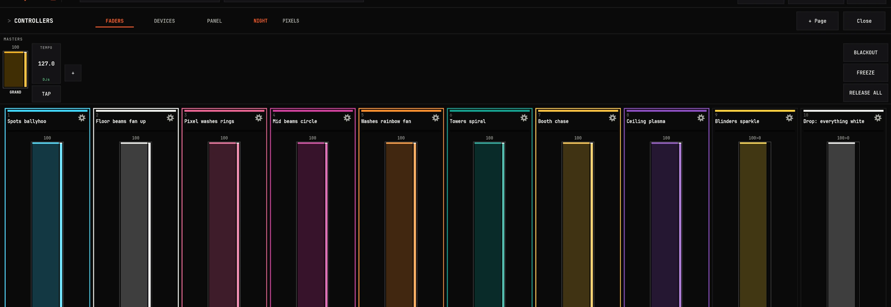 The executors: a page of ten faders, each a sequence, GO lit on the ones playing