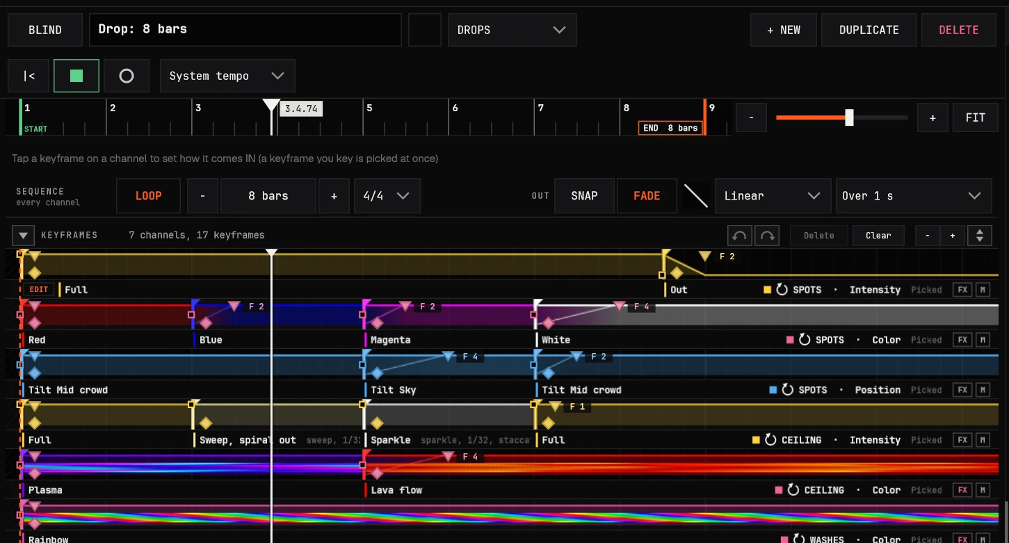 An 8-bar drop: seven channels of looks, fades, color bands and strobe pulses
