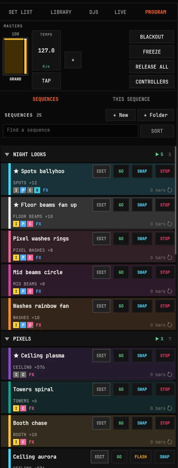 The sequence library: folders, what each row drives, GO FLASH SWAP STOP
