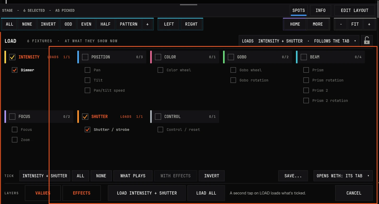 LOAD: what plays on the selection, into the programmer, by family