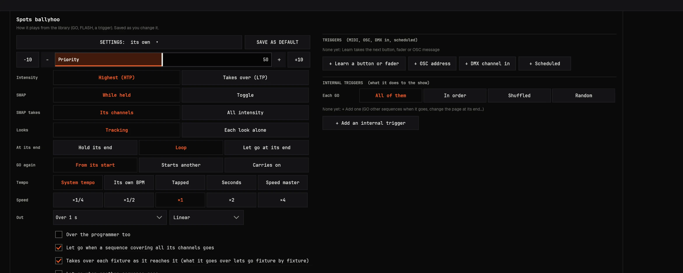 SEQUENCE SETTINGS: priority, intensity, its end, GO again, tempo, speed, release, the switches