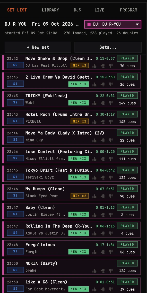 A real set list: DJ R-YOU, Friday 9 October 2026, 270 tracks loaded, 238 played