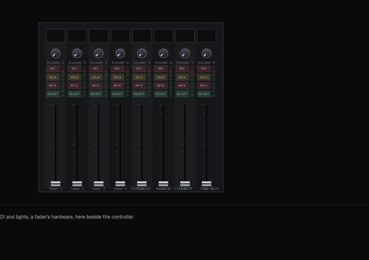 DEVICES: a Behringer X-Touch Extender drawn: its knobs, scribble strips, lit buttons and motor faders