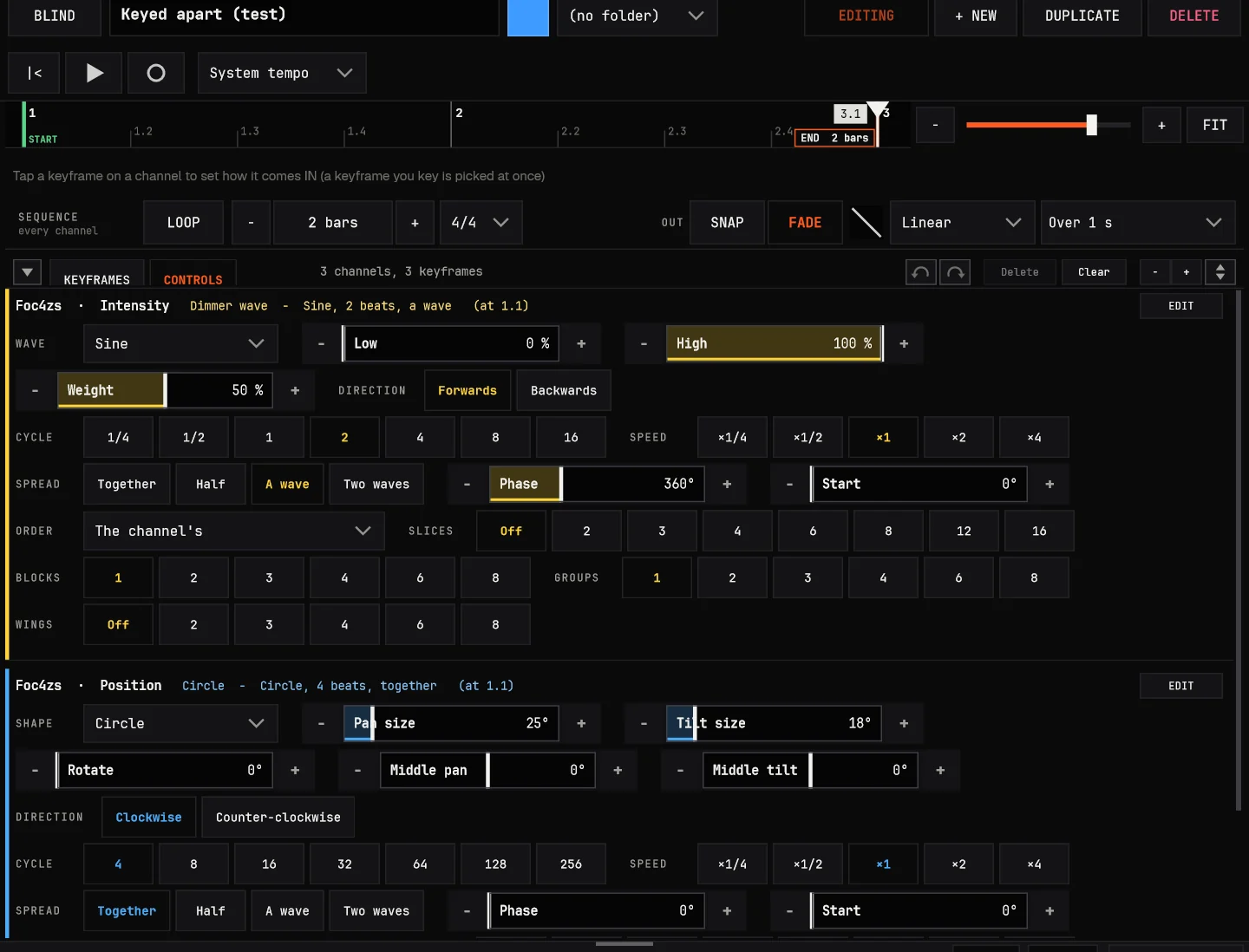 PROGRAM with a sequence open in CONTROLS: its dimmer wave and its circle, each with every control of its engine