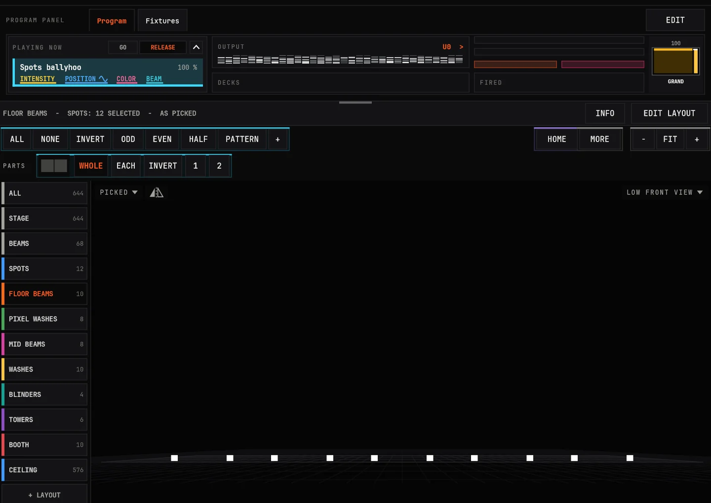 PROGRAM with no sequence open: its panel at the top (what's playing, output, decks, fired, the grand master), FIXTURES under it