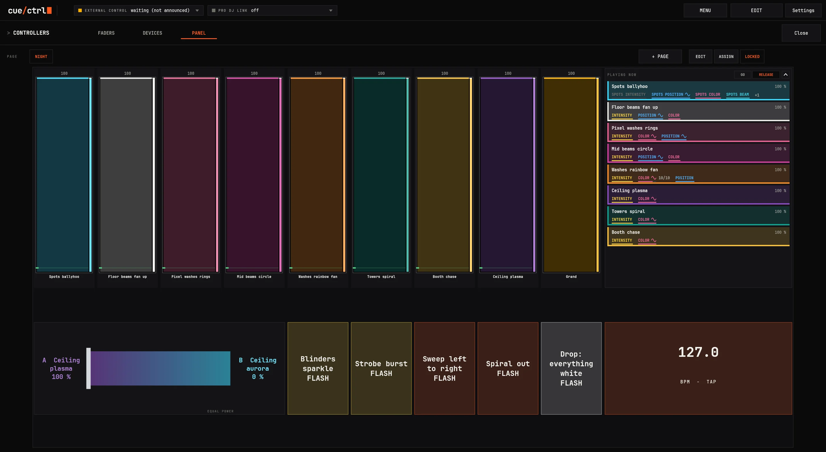 PANEL: a page called NIGHT with faders, the playing list, a crossfader, FLASH buttons and TEMPO