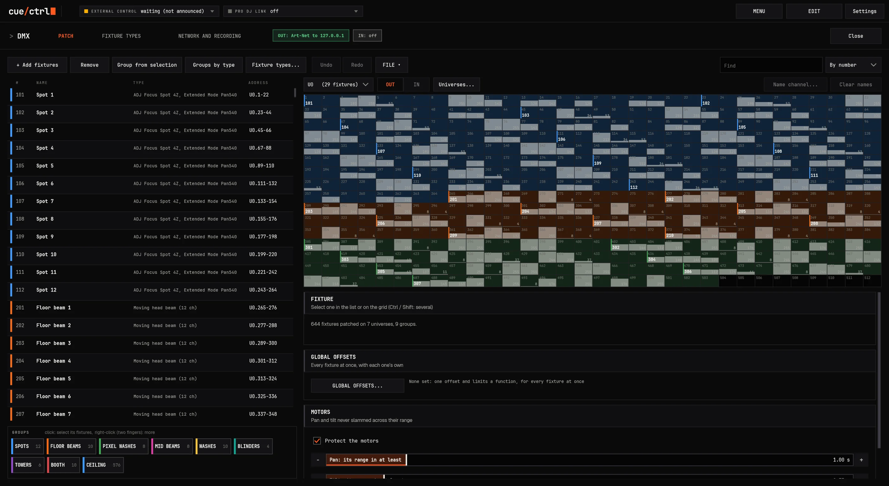 PATCH: every fixture with its address, the universes drawn as a map