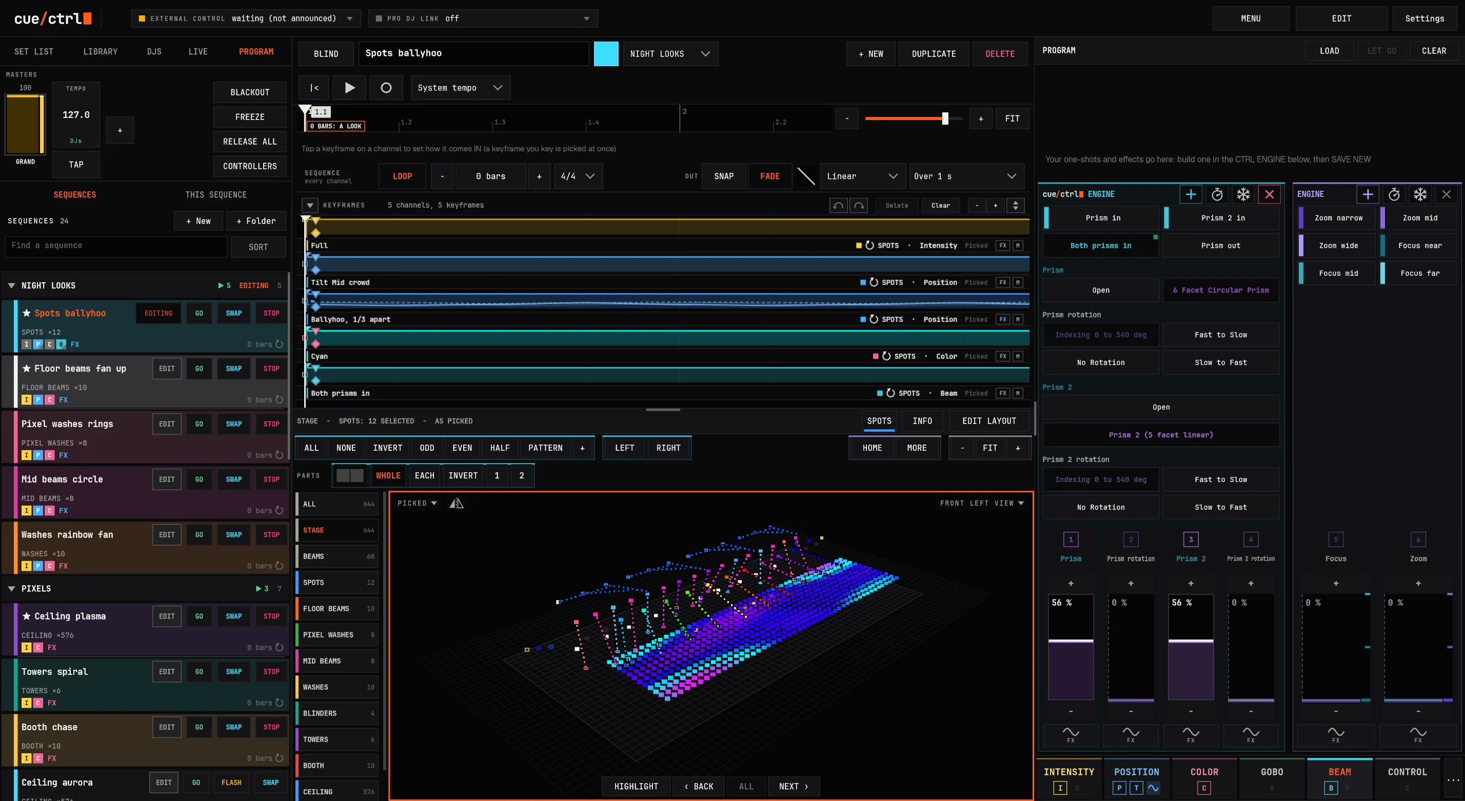 The programmer on BEAM: two prisms, each with its presets, ranges and faders
