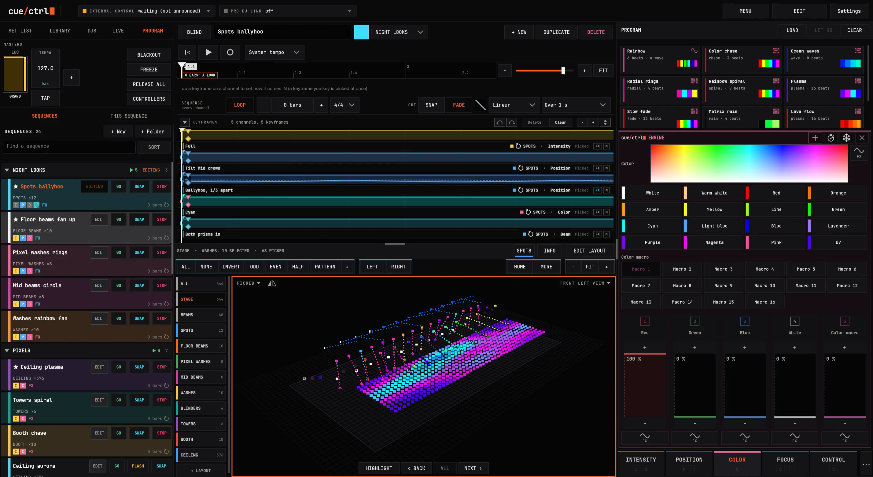 cue/ctrl's PROGRAM screen: the sequence library, the timeline, the stage in 3D and the programmer