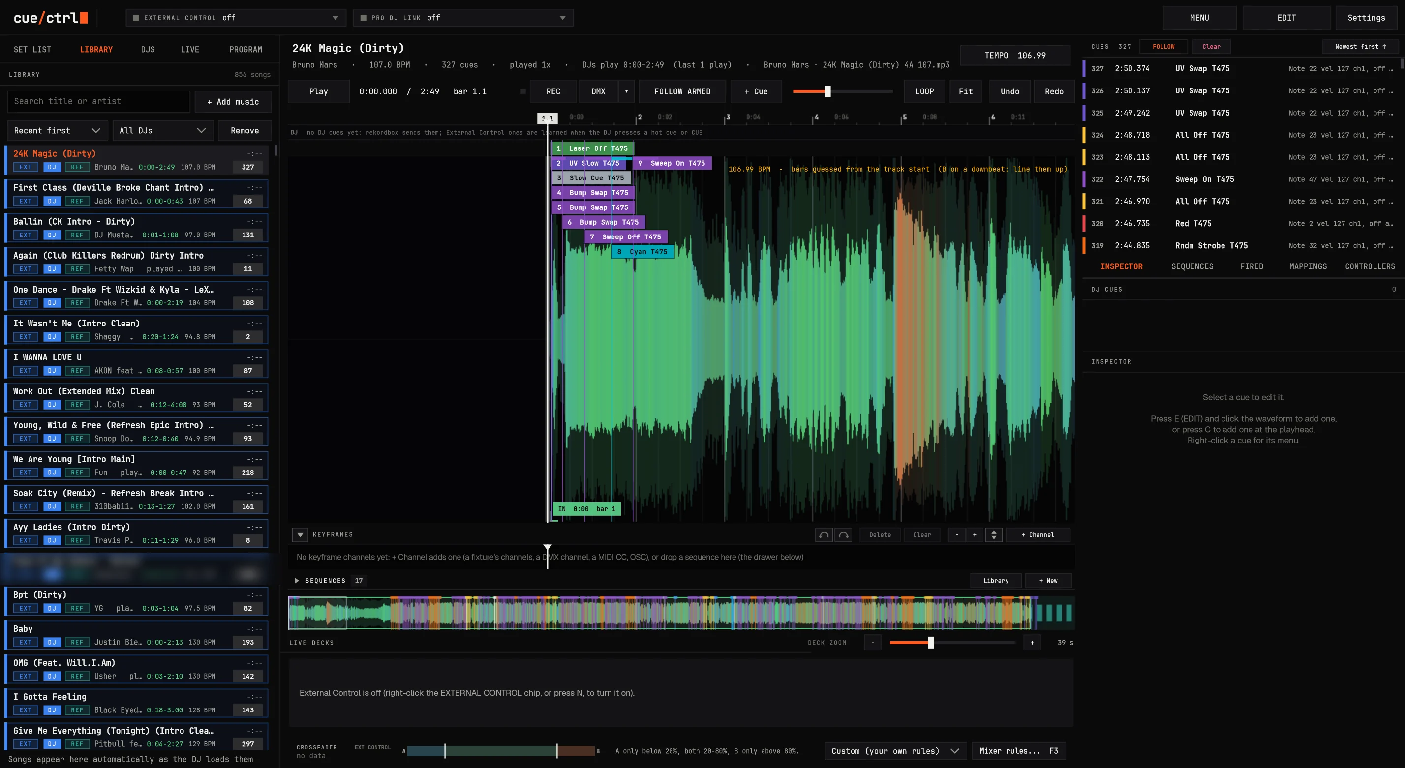 A song in cue/ctrl's library: its waveform from the booth's audio and 327 lighting cues