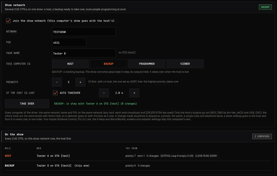 Settings, Show network on a backup: its role, priority and takeover, in step with the host; the board of the computers on the show