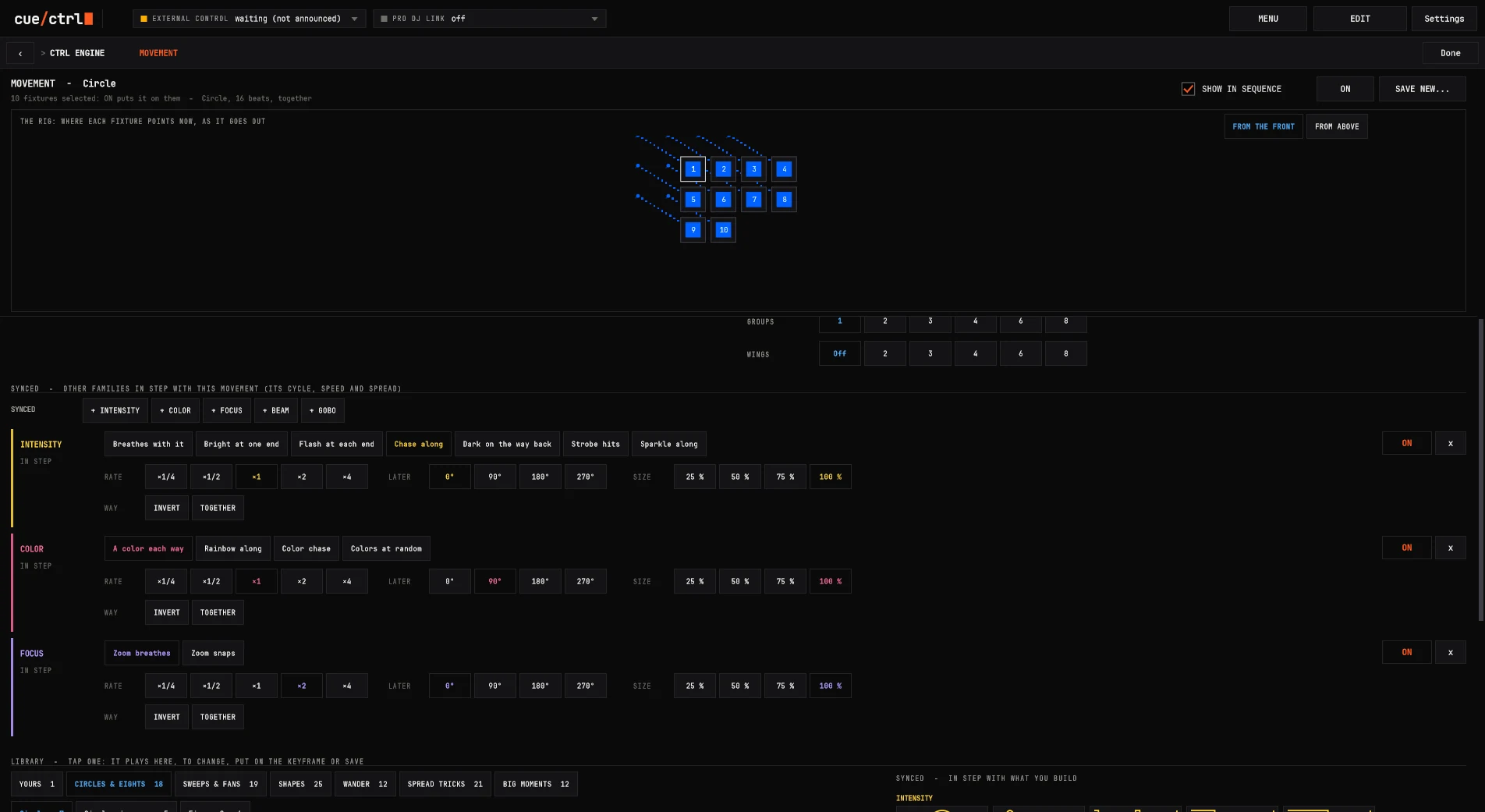 The MOVEMENT builder with SYNCED: intensity, color and focus in step with a circle
